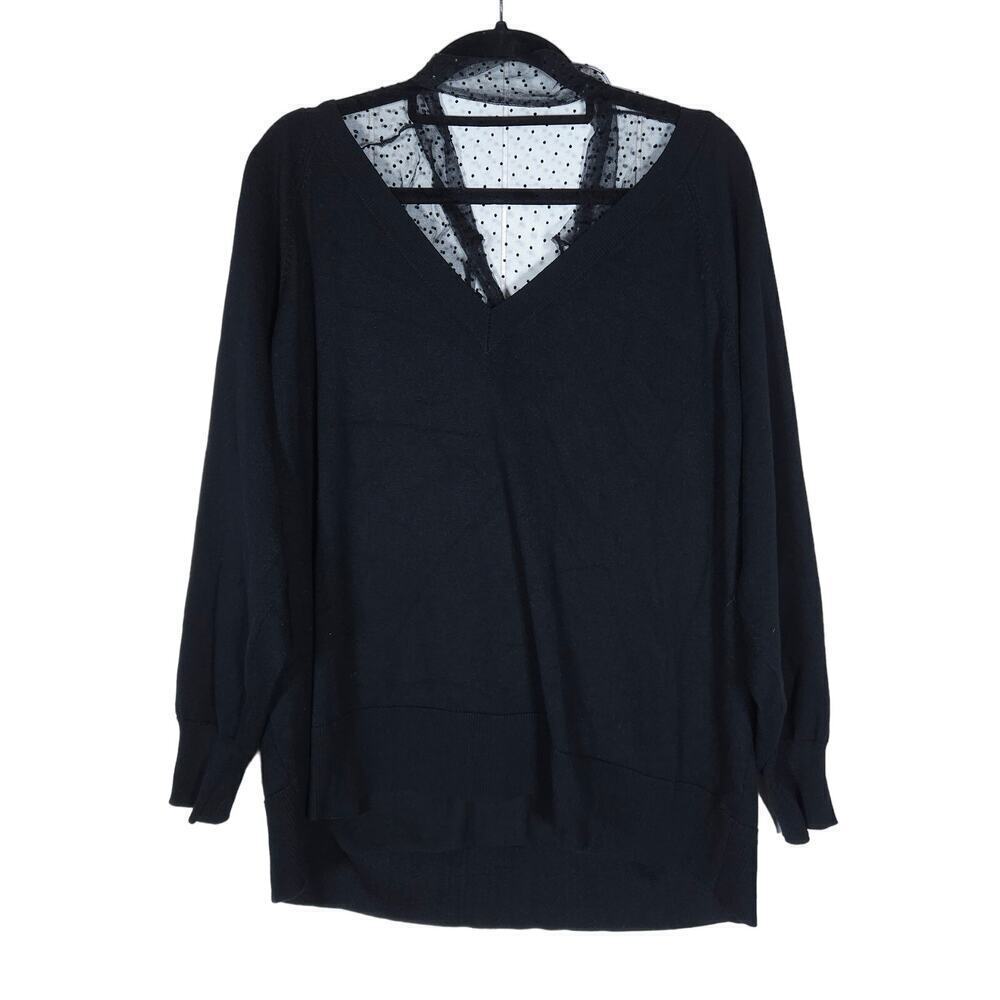 Eloquii Shirt 18 20 Black Polka Dot Mesh V Neck Long Sleeve Elastic Cuff Top - Picture 1 of 13